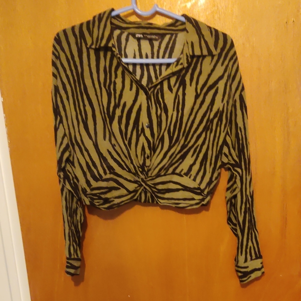 Zara Olive Zebra Print Button Down Shirt